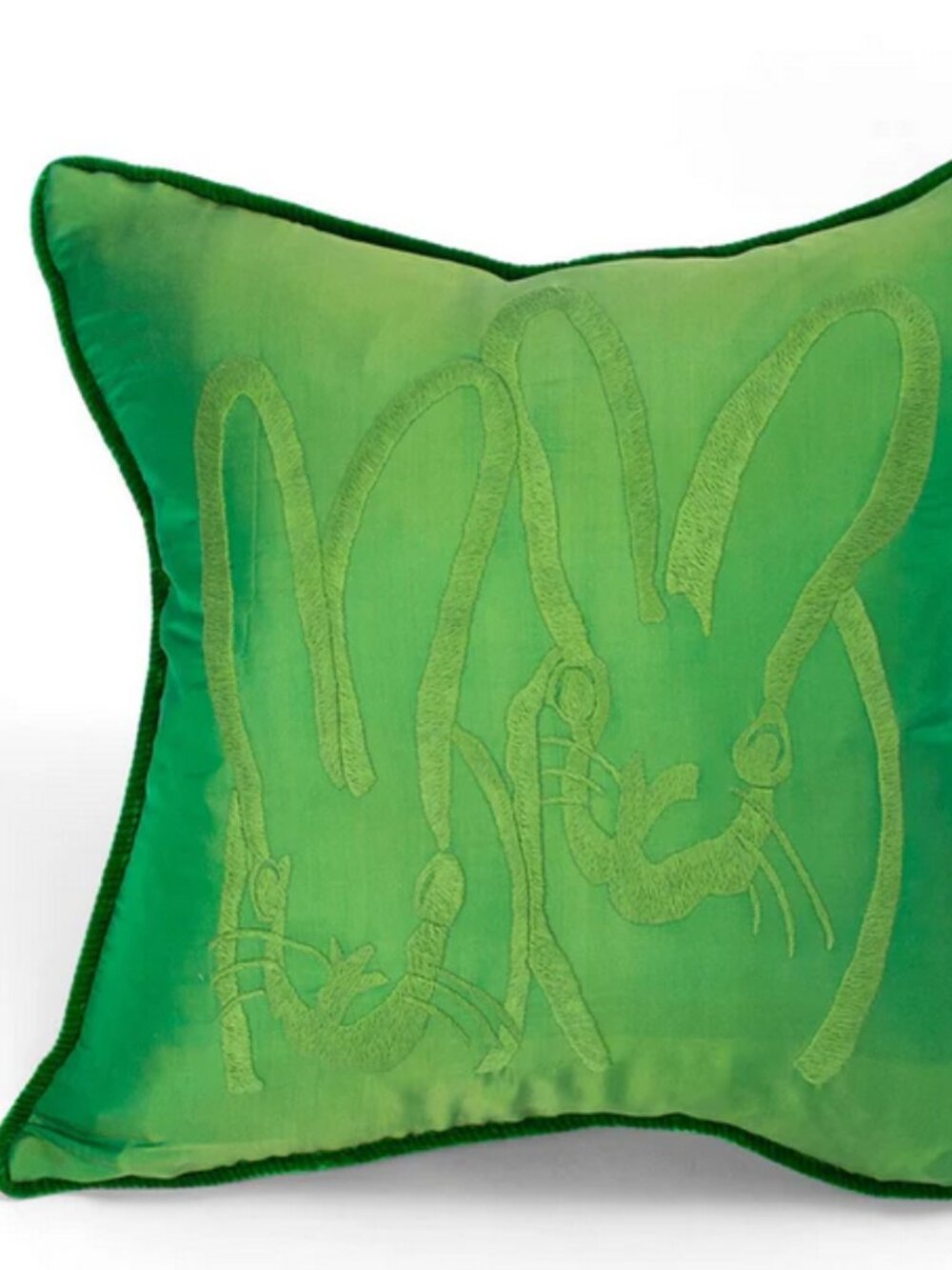 Hand-Embroidered Silk & Velvet Bunny Pillow, Fern, 20 x 20